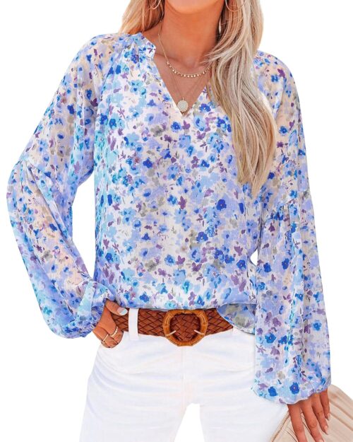 BTFBM Boho Blouses for Women Dressy Casual Floral Long Sleeve Shirts V Neck Lightweight Chiffon Summer Spring Tops 2025