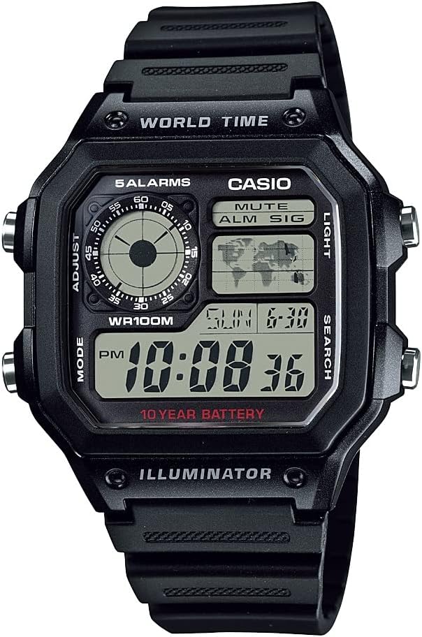 Casio AE1200WH Series | Men’s Digital Watch | 100M WR | Multi Alarms | 100 SEC Stopwatch | Countdown Timer | World Map for World Time | LED Light | LC Analog Display | 10 Year…