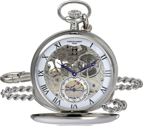 Charles Hubert 3972-W Men's Pocket Watch, Mechanical Hand Winding, Skeleton, Silver