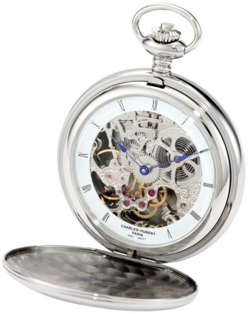 Charles-Hubert, Paris 3904-W Premium Collection Stainless Steel Polished Finish Double Hunter Case Mechanical Pocket Watch