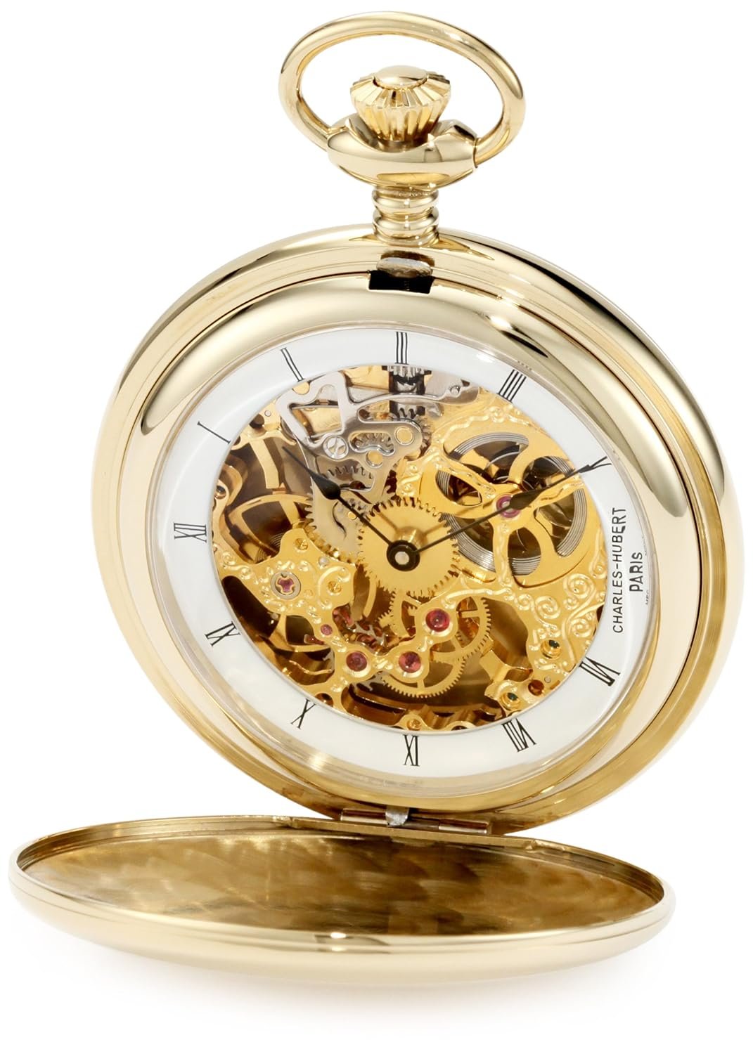 Charles-Hubert, Paris 3905-G Premium Collection Gold-Plated Stainless Steel Polished Finish Double Hunter Case Mechanical Pocket Watch