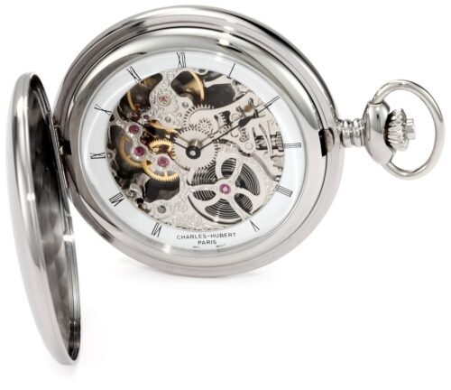 Charles-Hubert, Paris 3905-W Premium Collection Stainless Steel Polished Finish Hunter Case Mechanical Pocket Watch
