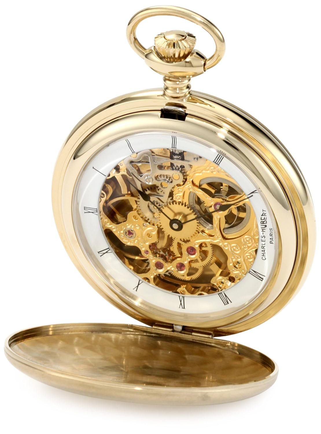 Charles-Hubert, Paris 3906-G Premium Collection Gold-Plated Stainless Steel Satin Finish Hunter Case Mechanical Pocket Watch