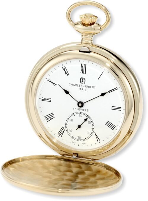Charles-Hubert, Paris 3907-GR Premium Collection Gold-Plated Stainless Steel Polished Finish Double Hunter Case Mechanical Pocket Watch