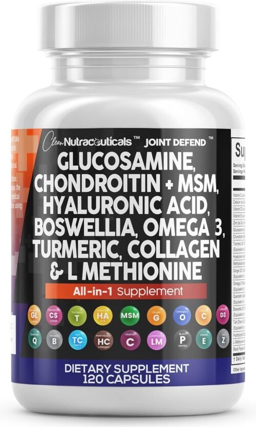Clean Nutraceuticals Glucosamine Chondroitin MSM 1500mg with Turmeric Curcumin, Collagen, Hyaluronic Acid, Omega 3 – Joint Health Supplement for Men & Women – Joint Complex –...