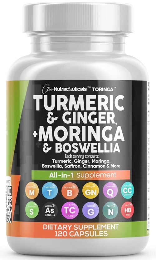 Clean Nutraceuticals Turmeric Moringa Supplement | Ginger Boswellia Saffron - Supplement for Women and Men with Ceylon Cinnamon, Tart Cherry, Quercetin Garlic Nettle Holy Basil...