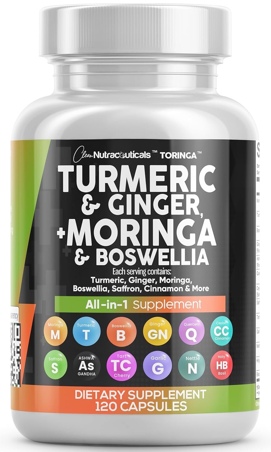 Clean Nutraceuticals Turmeric Moringa Supplement | Ginger Boswellia Saffron – Supplement for Women and Men with Ceylon Cinnamon, Tart Cherry, Quercetin Garlic Nettle Holy Basil…