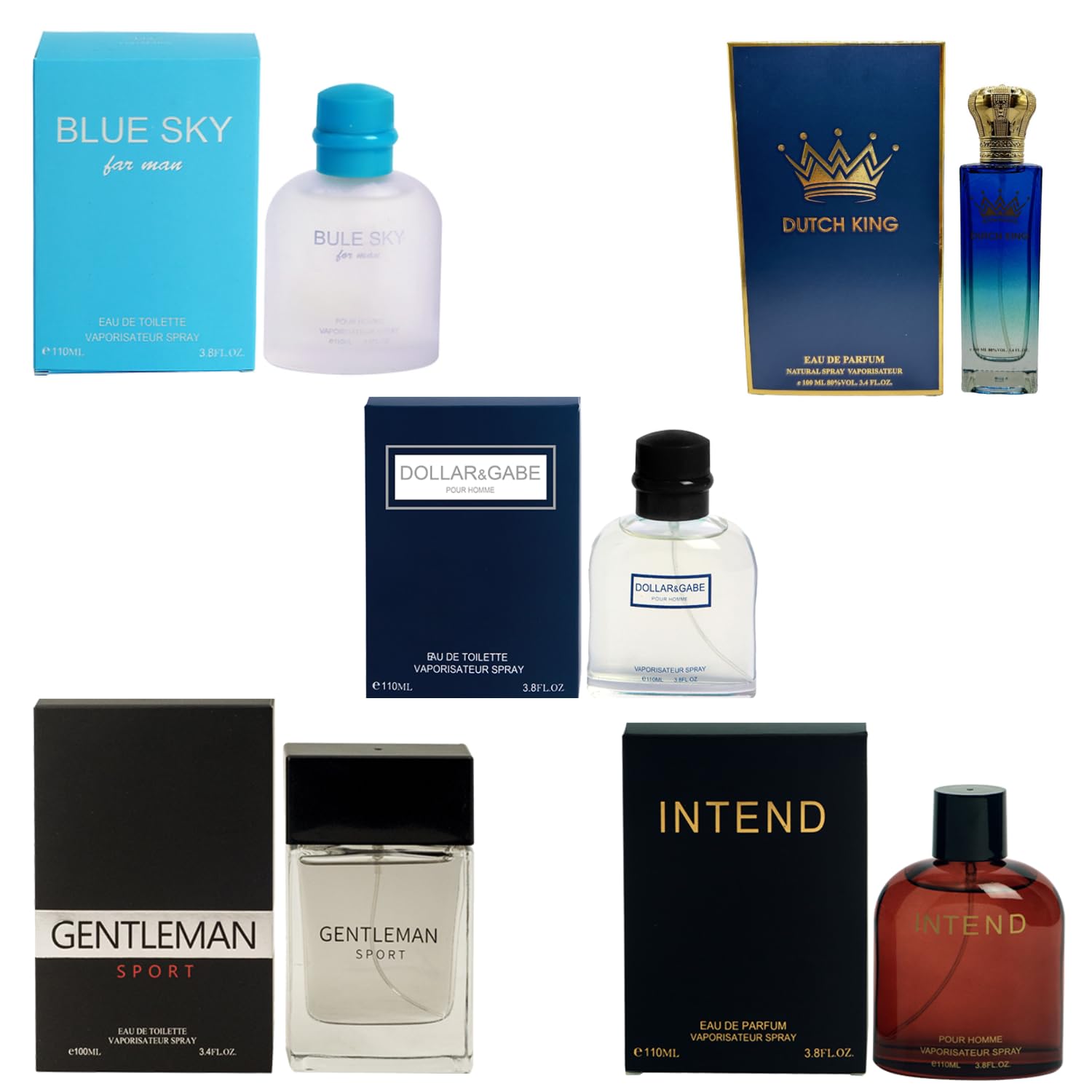 Cologne for Men (3.4oz/100ml x 5Pcs), Eau de toilette, (Light Blue, King, Intenso, D/G Pour Homme, Gentleman) Pack of 5pcs