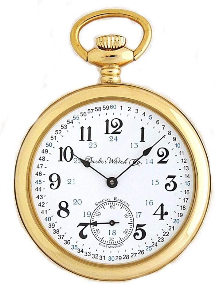 Dueber Special Railway Swiss Mechanical Pocket Watch, High Polish Gold Open Face Case, Assembled in USA!