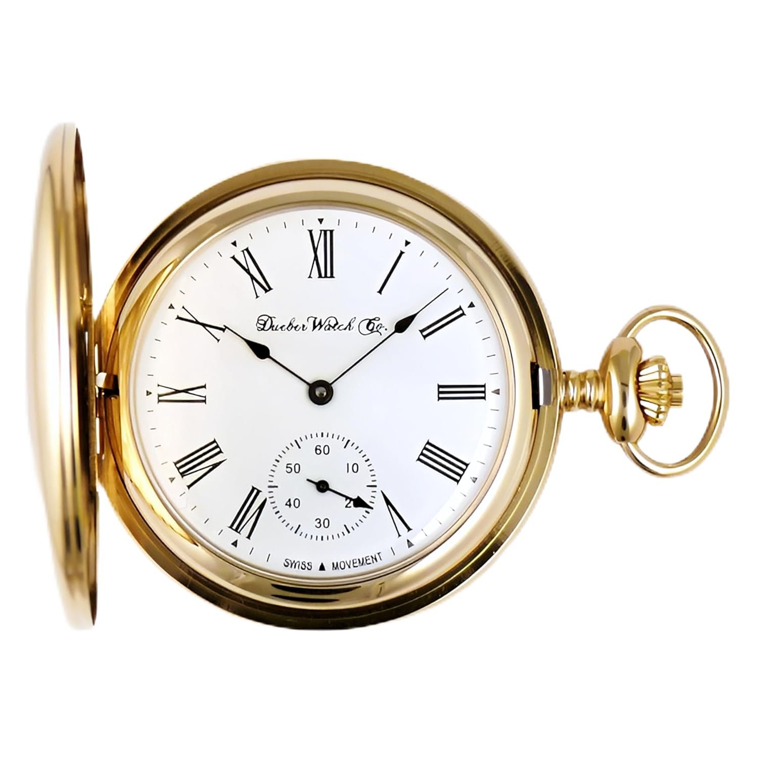 Dueber Swiss Mechanical Pocket Watch, High Polish Gold Hunting Case, Assembled in USA!