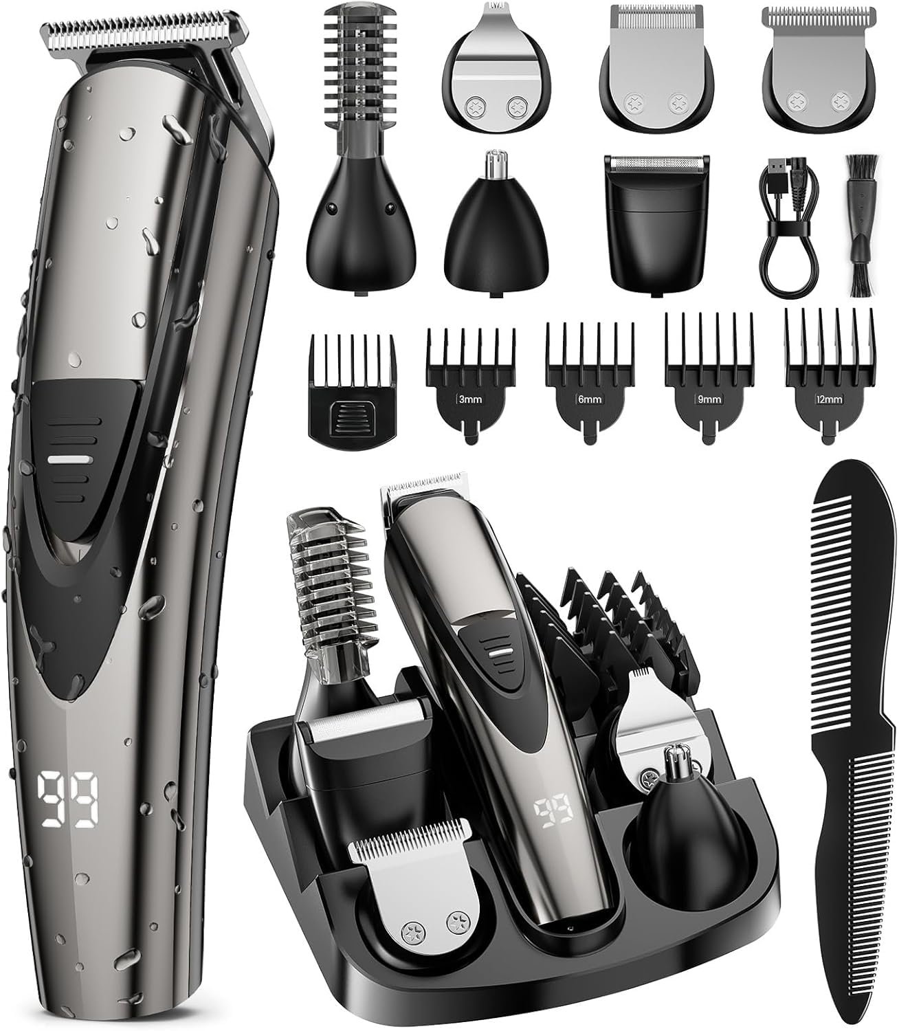 Electric Beard Trimmer for Men: 16-in-1 Professional Barber Hair Clippers – Cordless Grooming Kit – Turbo Speed & Precision Blades