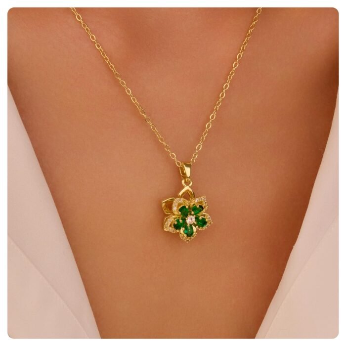 Floral Pendant Necklace with Crystal Embellishments for Women,4 Color Selection(Rose Red,Green,White,Pink)