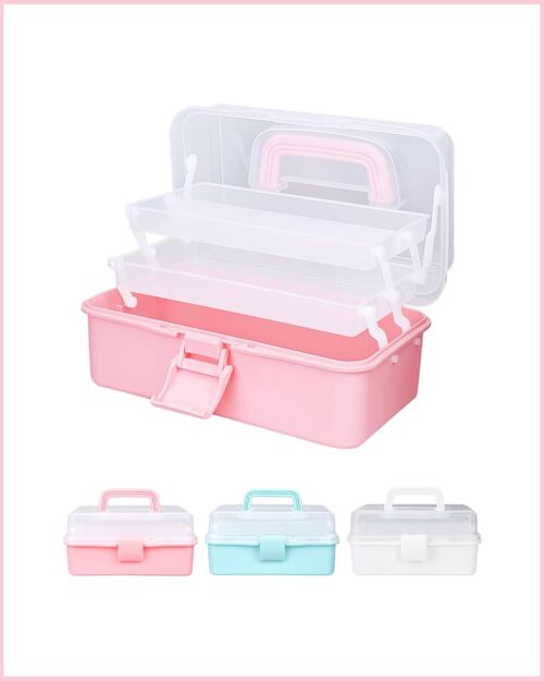Folding 3-Layer Storage Box Organizer, 21x13x11.5cm with Adjustable Compartments, Multi-Purpose Craft, Sewing, Bead, and Toy Organizer, Portable with Handle(Pink)