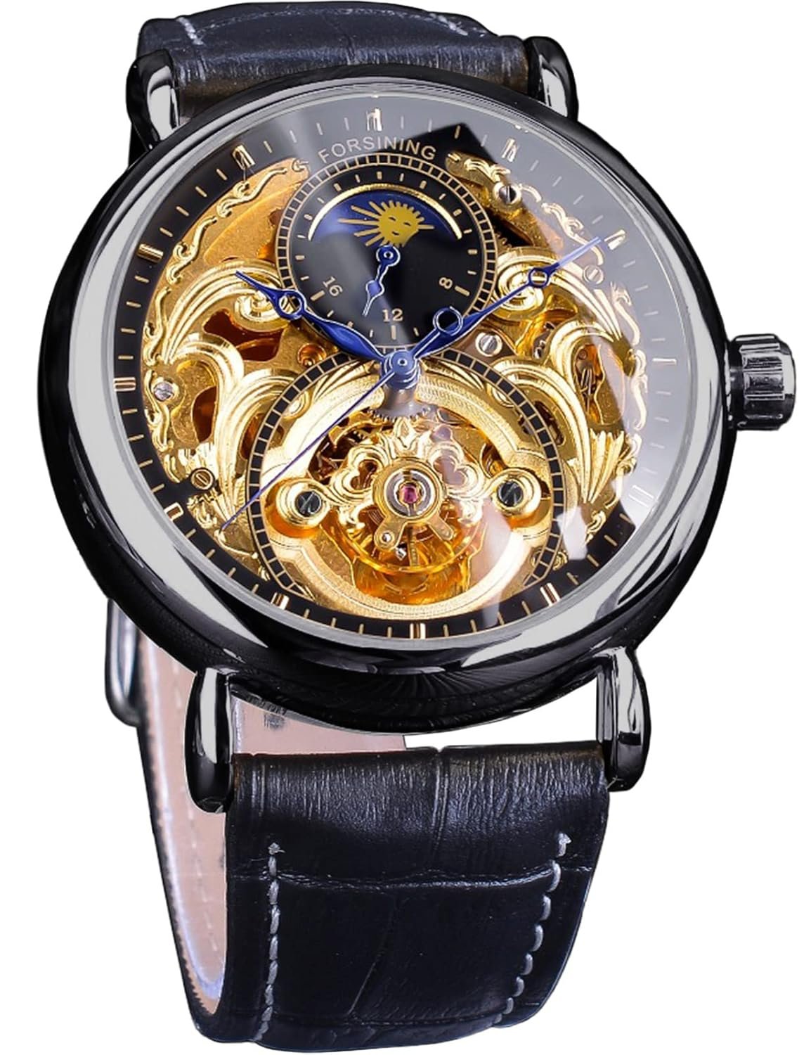 FORSINING Luxury Men’s Watch with Moon Phase & Tourbillon, Retro Skeleton Hollow Self-wind Mechanical Wristwatch, Leather Belt Automatic Movement Men Watches