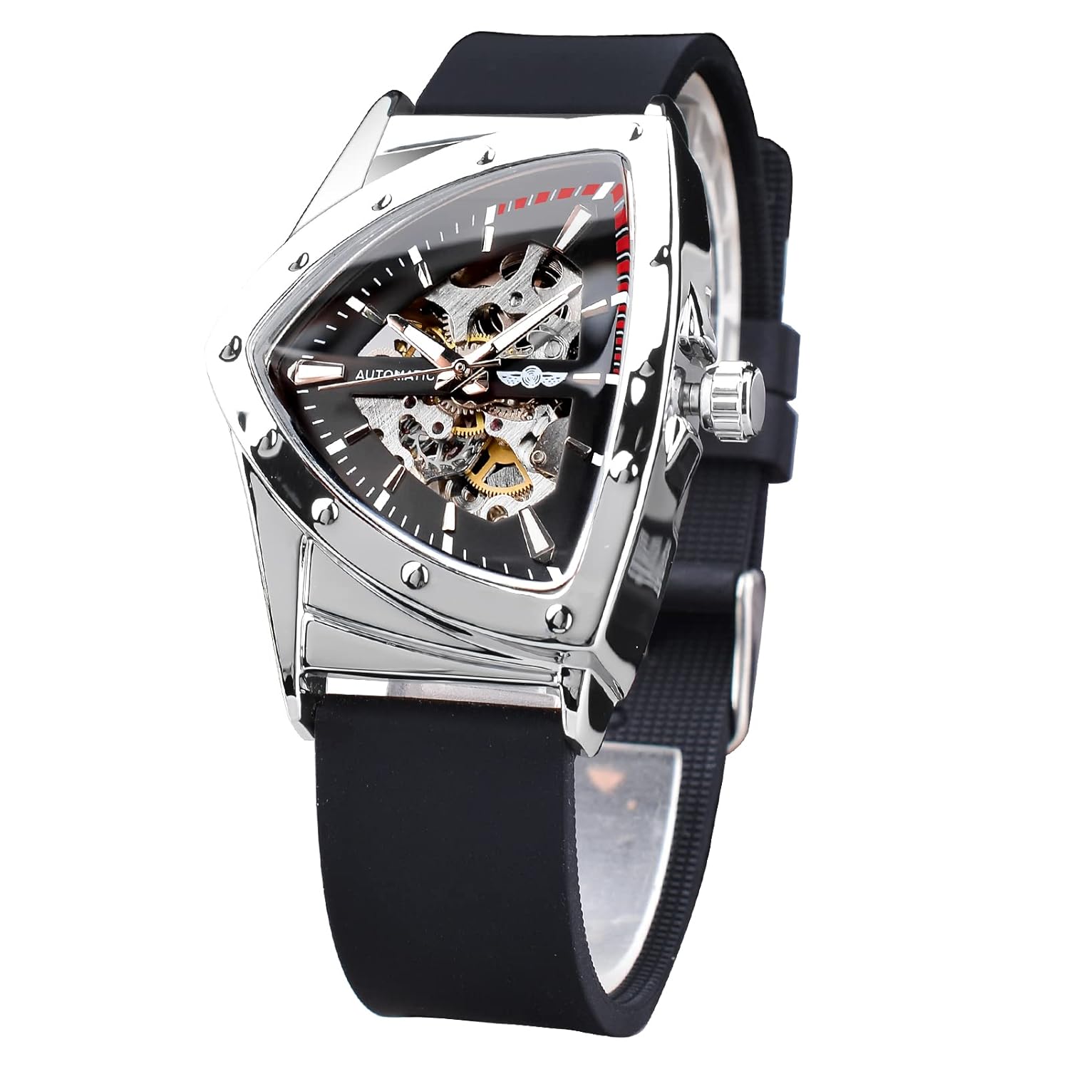 FORSINING Skeleton Watches for Men, Automatic Mechanical Watch with Triangle Dial, Luminous Self Winding Watches Stainless Steel Bracelet or Soft Silicone Strap