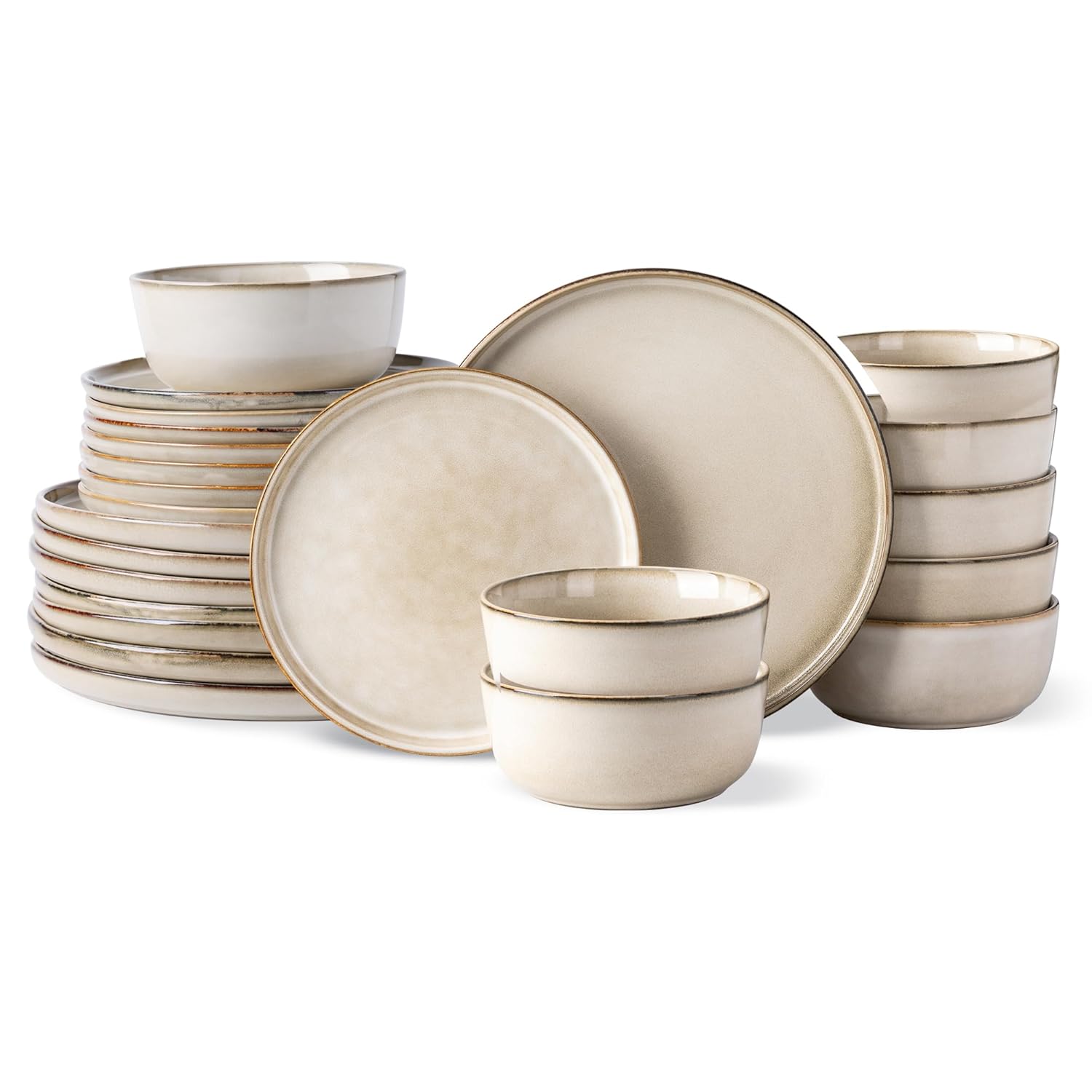 GBHOME Ceramic Dinnerware Sets for 8, 24 Pieces Stoneware Plates and Bowls Sets, Scratch Resistant Dishes, Dishwasher & Microwave Safe, Reactive Glaze-Cappuccino