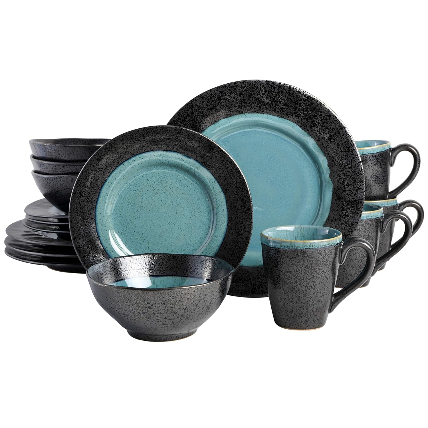 Gibson Elite Dragonstone Round Reactive Glaze Stoneware Dinnerware Set, Service for Four (16pcs), Aqua