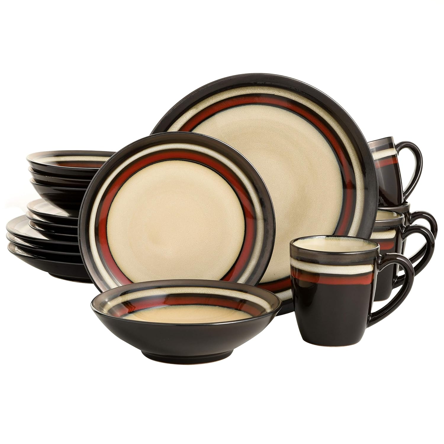 Gibson Elite Lewisville Round Reactive Glaze Stoneware Dinnerware Set, Service for Four (16pcs), Cream/Red
