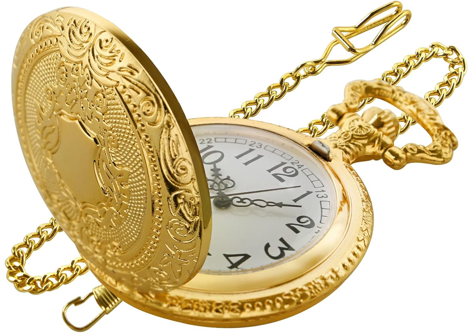 Gold Shield Men’s Quartz Pocket Watch with Chain – Arabic Numeral Digital Scale