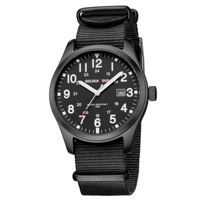 GOLDEN HOUR Men's Nylon Slip-Thru Strap Watch with Military Time Easy Read Dial Glowing Hands