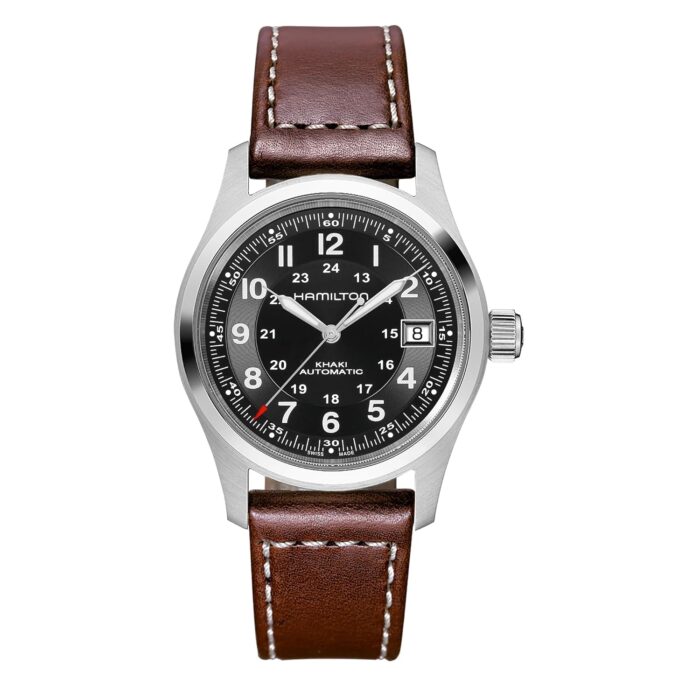 Hamilton Watch Khaki Field Auto | Swiss Made | 38mm Stainless Steel Case | Black Dial Analog Watch | Brown Leather Strap (Model: H70455533)