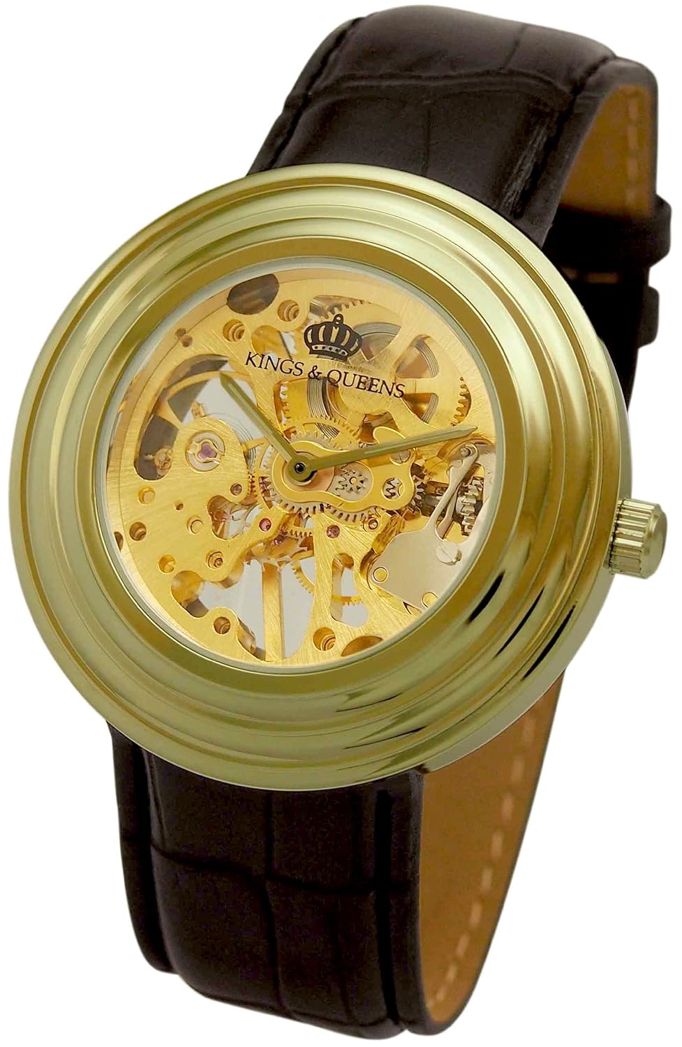 Kings And Queens Mechanical Watch for Men | Mens Skeleton Watch with Gears Exposed | Wind Up Wristwatch Black Leather Band | Reloj Mecánico para Hombre KQ-BKGD