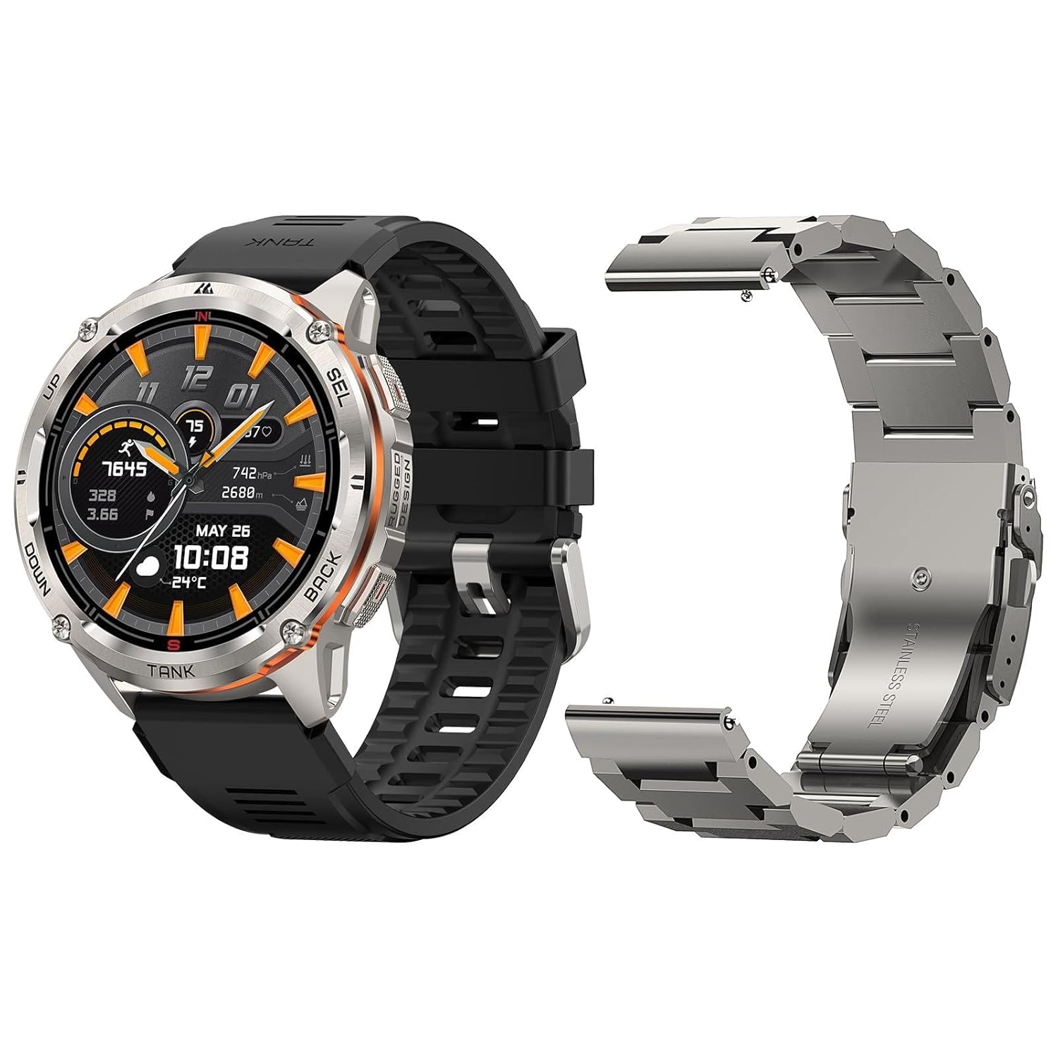 KOSPET Tank T3 Ultra 2 Smart Watch with Metal Watch Band Replacement (Silver)