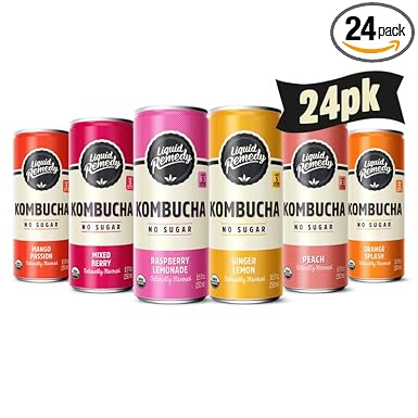 Liquid Remedy Kombucha Sugar Free Organic Drink, Low Calorie, Probiotic Like Tea for Gut Health – Super Sampler Variety Pack – 8.5 Fl Oz Can, 24-Pack