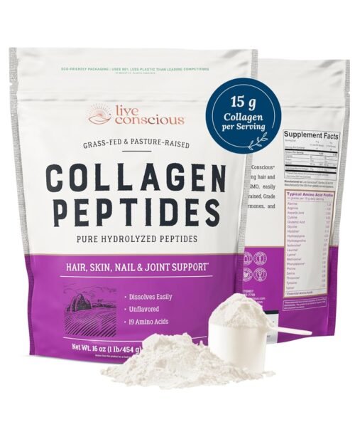 Live Conscious Collagen Peptides Powder - Naturally-Sourced Hydrolyzed Collagen Powder - Hair, Skin, Nail, and Joint Support - Type I & III Grass-Fed Collagen Supplements for...