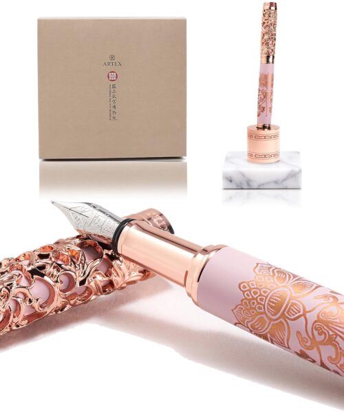 Luxury Fountain Pen Set With Stand - Museum Art Collections - Crafting Timeless Beauty - the Best Gift & Office Desk Decor, German SCHMIDT Fine Nib, Solid Metal & Marble Texture