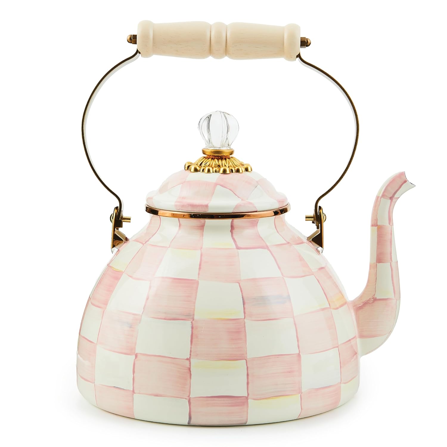 MACKENZIE-CHILDS Enamel Tea Kettle, Stylish Tea Kettle for Stovetop, Pink-and-White Rosy Check, 3 Quarts