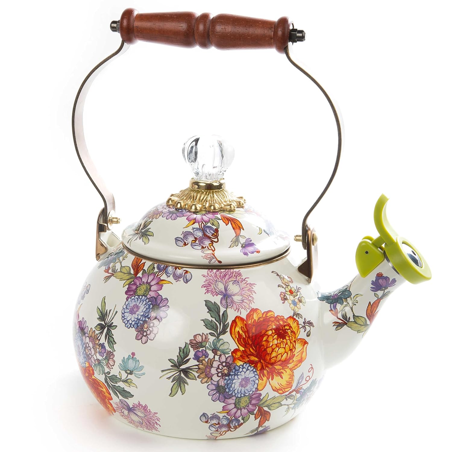 MACKENZIE-CHILDS Enamel Whistling Tea Kettle, Decorative Teapot for Stovetop, White Flower Market