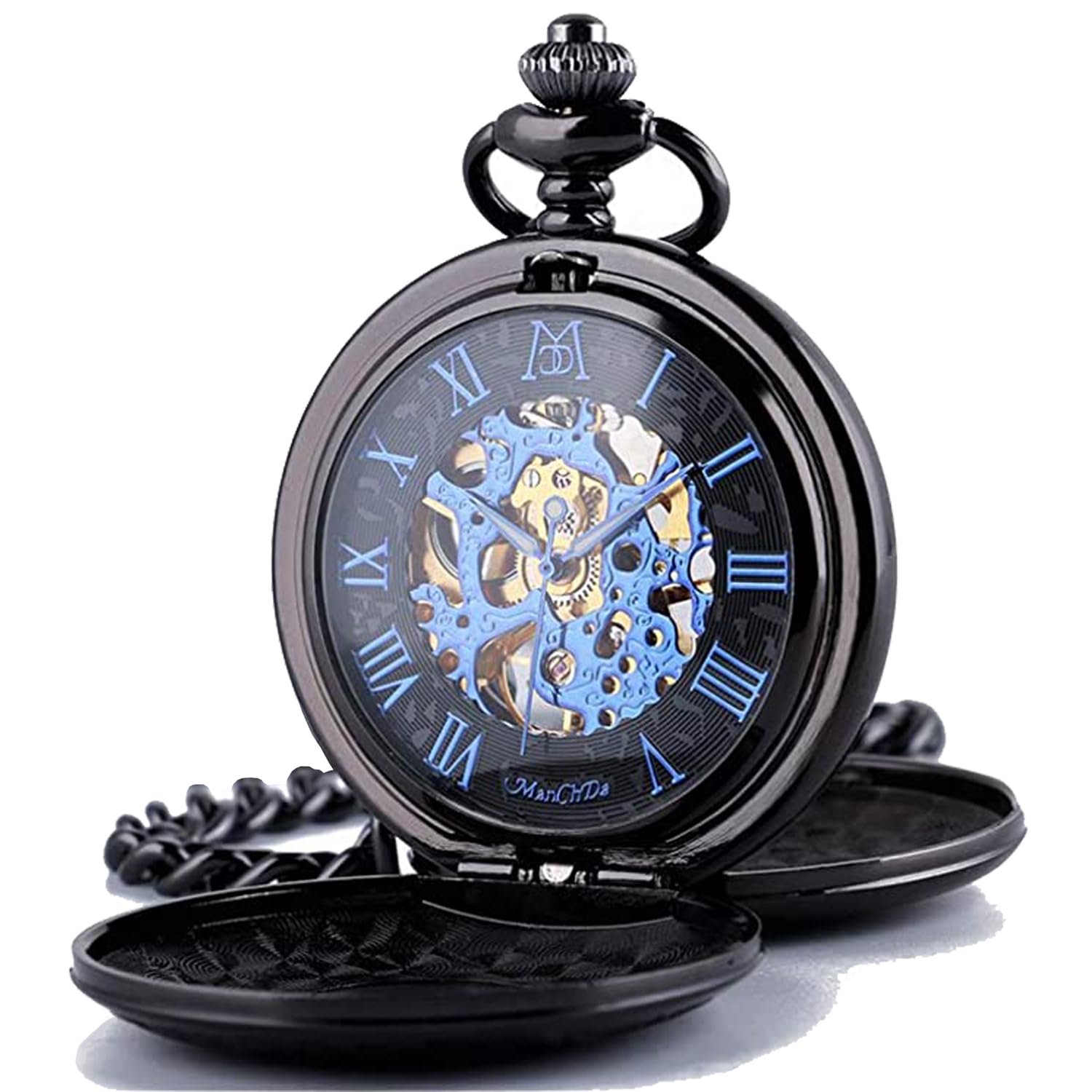 ManChDa Mechanical Roman Numerals Dial Skeleton Pocket Watches with Box and Chains for Mens Women