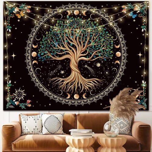 Moon Phase Tree of Life Tapestry Nature Flower Plant Butterfly Tapestries Boho Mandala Spiritual Tapestry Aesthetic Wall Hanging for Home Decor Bedroom Living Room Dorm Decor