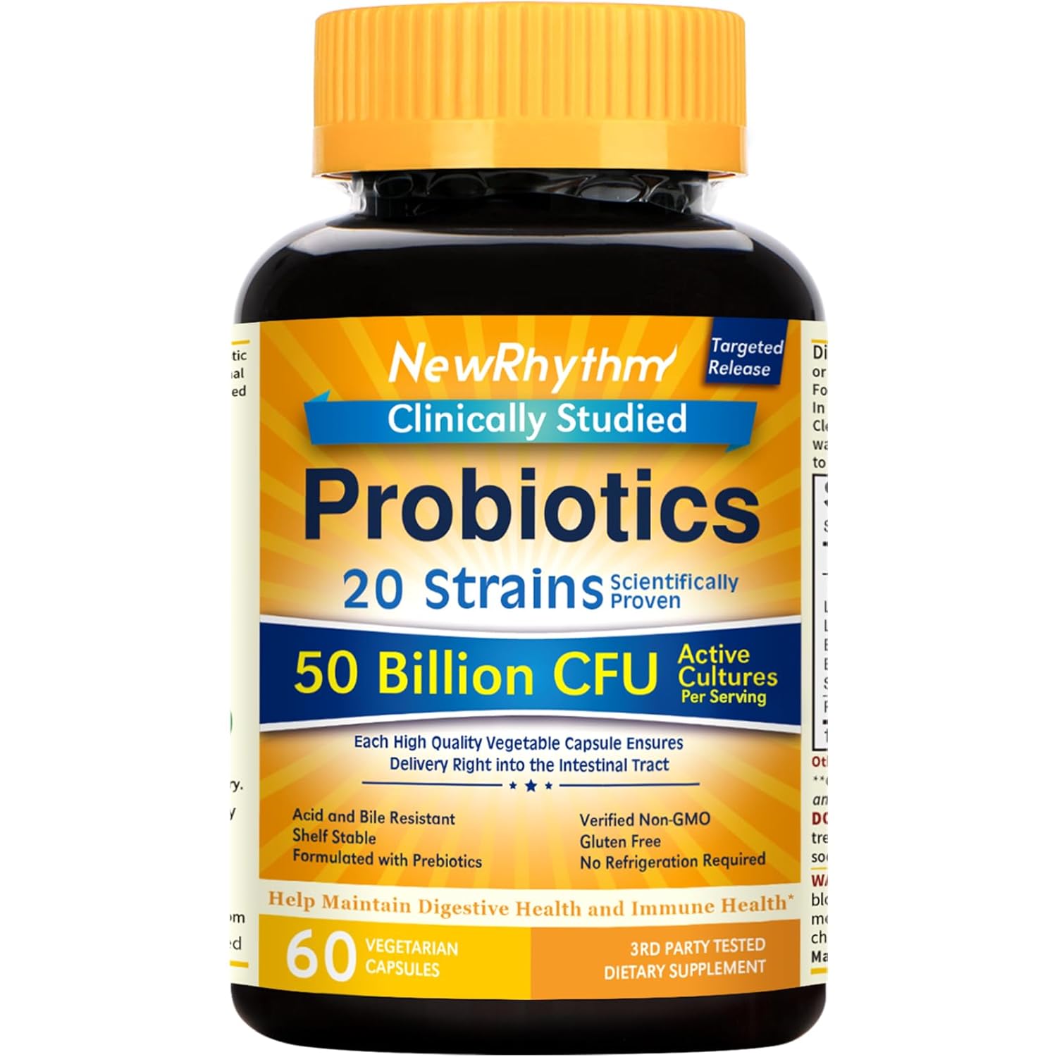 NewRhythm Probiotics 50 Billion CFU 20 Strains, 60 Veggie Capsules, Targeted Release Technology, Stomach Acid Resistant, No Need for Refrigeration, Non-GMO, Gluten Free