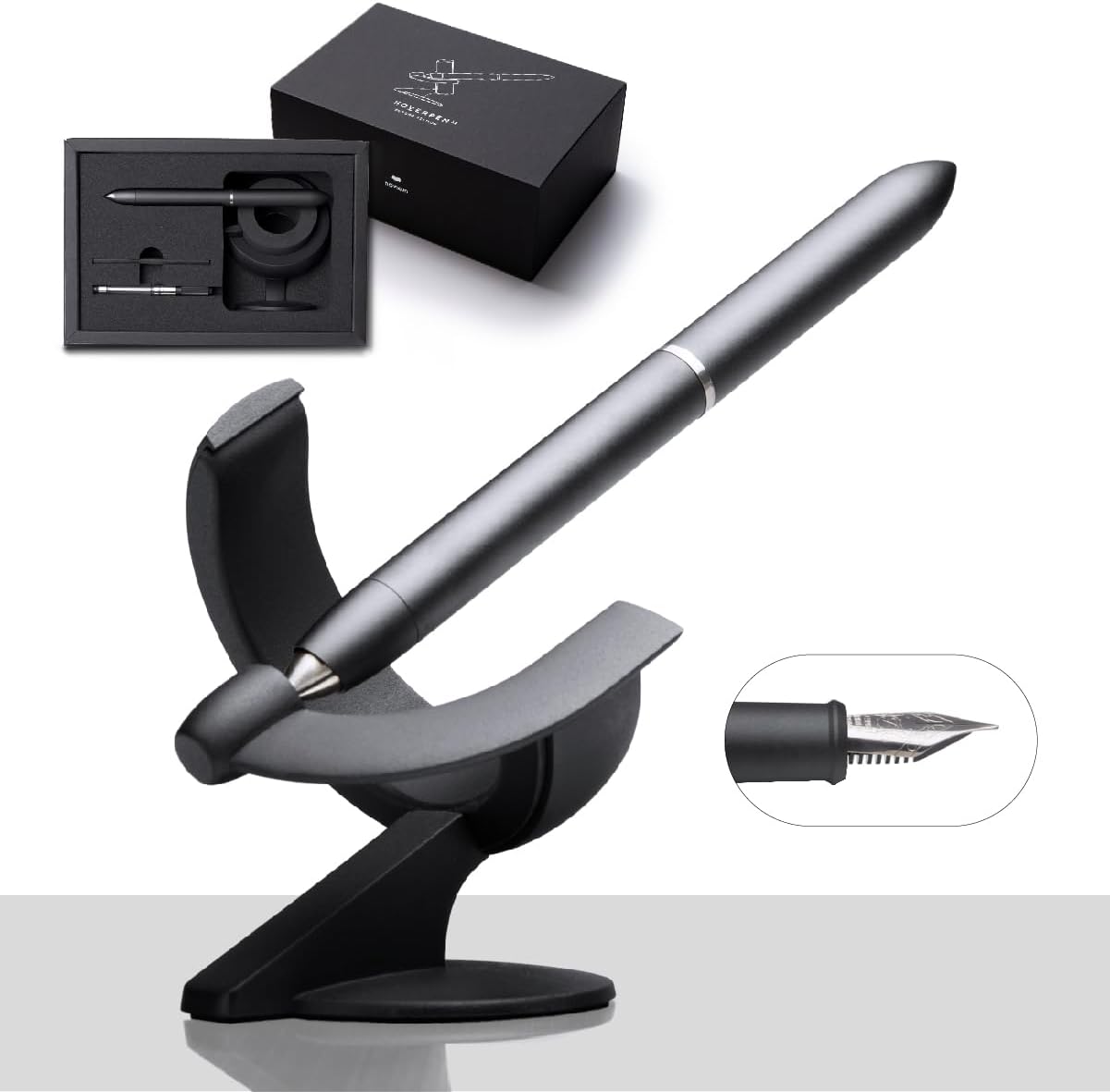 novium Hoverpen Future Edition – Fountain Pen Made of Metal, Fine Nib, Futuristic Aesthetic, Desk Luxury Pen, Free Spinning Executive Pen, Signing Pen, Gifts for Dad (Deep Black)