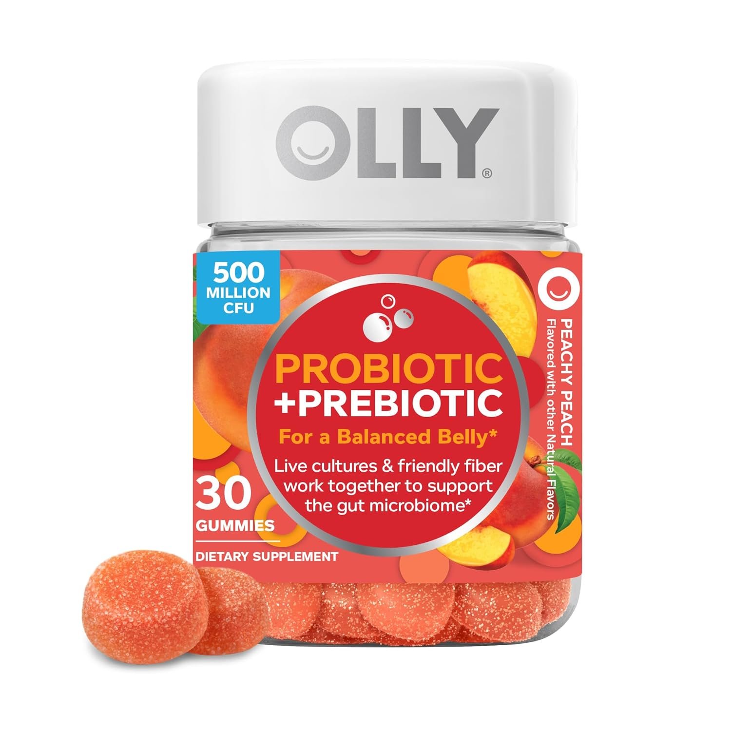 OLLY Probiotic + Prebiotic Gummy, Digestive Support and Gut Health, 500 Million CFUs, Fiber, Adult Chewable Supplement for Men and Women, Peach, 30 Day Supply – 30 Count