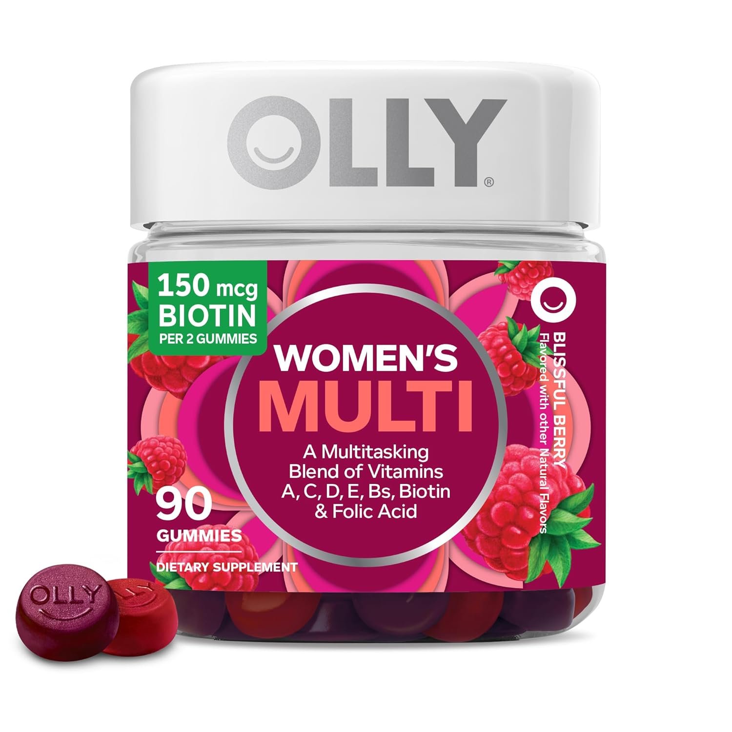 OLLY Women’s Multivitamin Gummy, Vitamins A, D, C, E, Biotin, Folic Acid, Adult Chewable Vitamin, Berry Flavor, 45 Day Supply – 90 Count