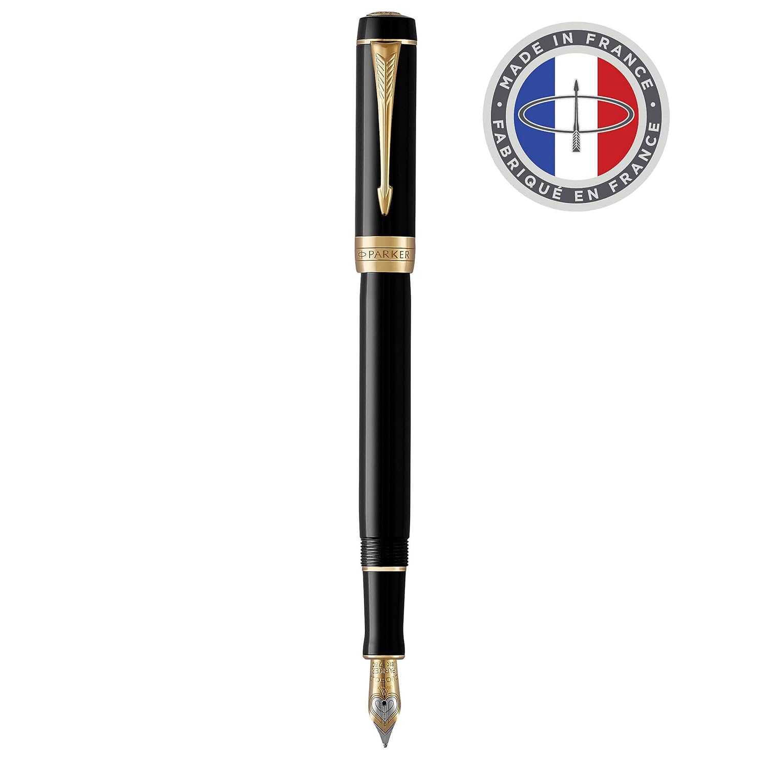 Parker Duofold Centennial Fountain Pen, Classic Black with Gold Trim, Fine Solid Gold Nib, Black Ink and Convertor (1931381)