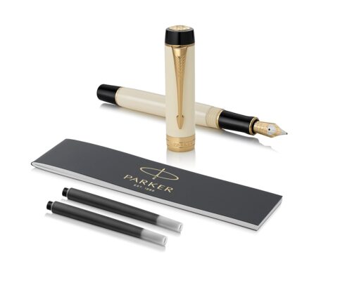 Parker Duofold Centennial Fountain Pen, Classic Ivory & Black, Fine Solid Gold Nib, Black Ink and Convertor (1931391)