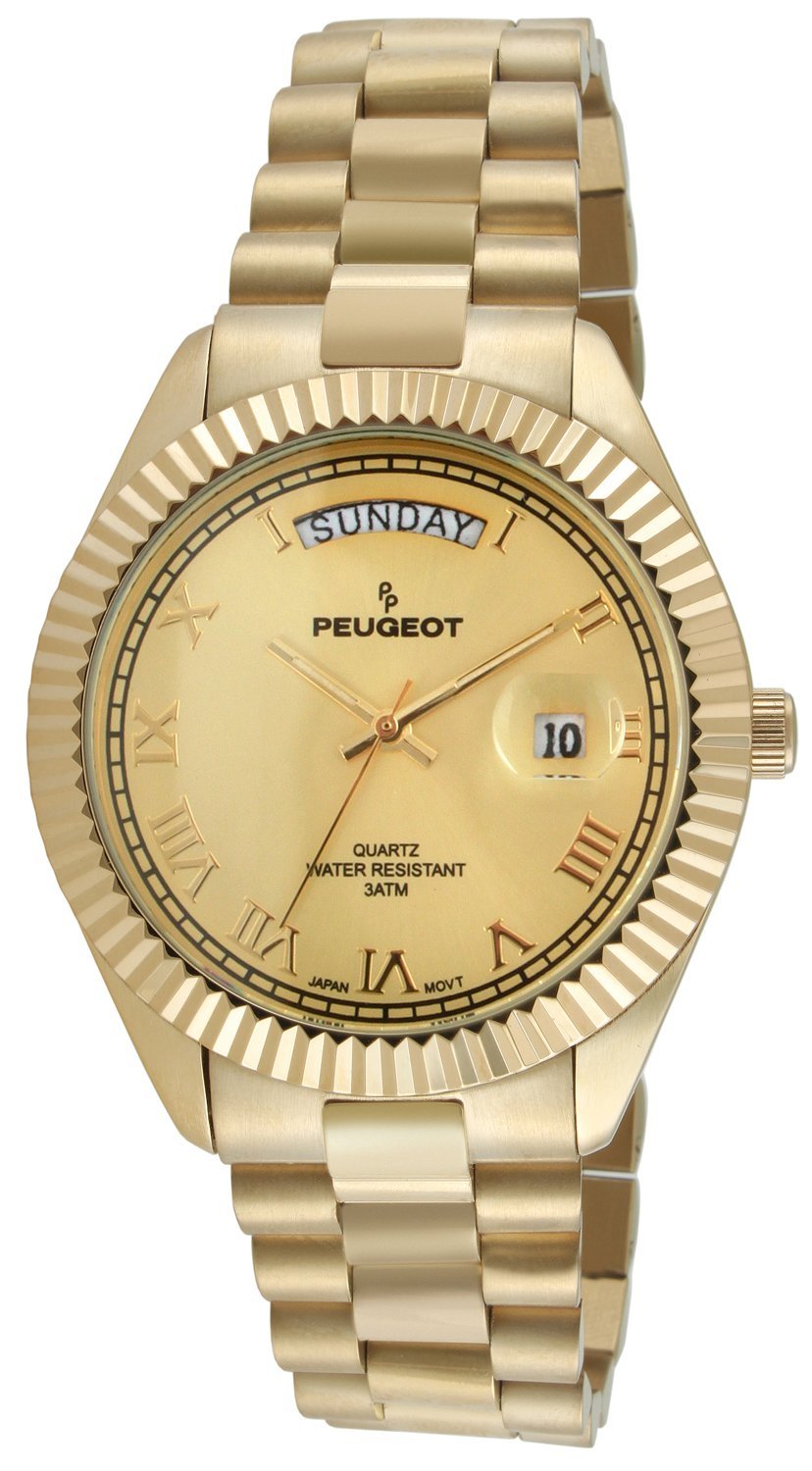 Peugeot 14K All Gold Plated Big Face Luxury Watch with Day Date Windows, Roman Numerals & Coin Edge Fluted Bezel Watch