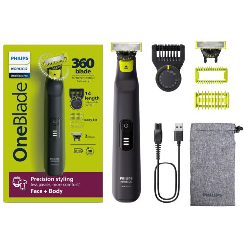 Philips Norelco OneBlade Pro 360 Face + Body, Electric Shaver, Beard Trimmer and Body Groomer, with 360 Blade Technology, 14-Length Precision Comb, Body Kit, Soft Pouch, Model...