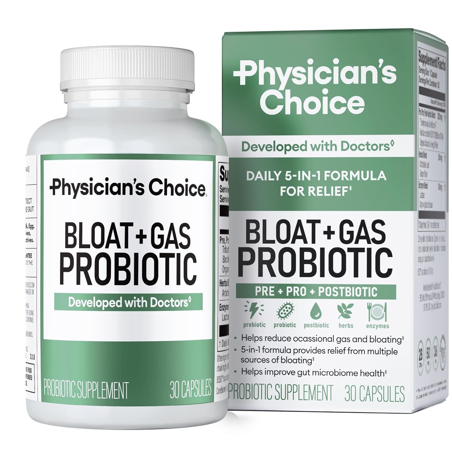 Physician’s CHOICE Bloat & Gas Probiotic 5-in-1 Proactive Support + Daily Relief – Digestion & Gut Health- Herbals, Digestive Enzymes, Post & Prebiotics – Gas Relief for Adults…