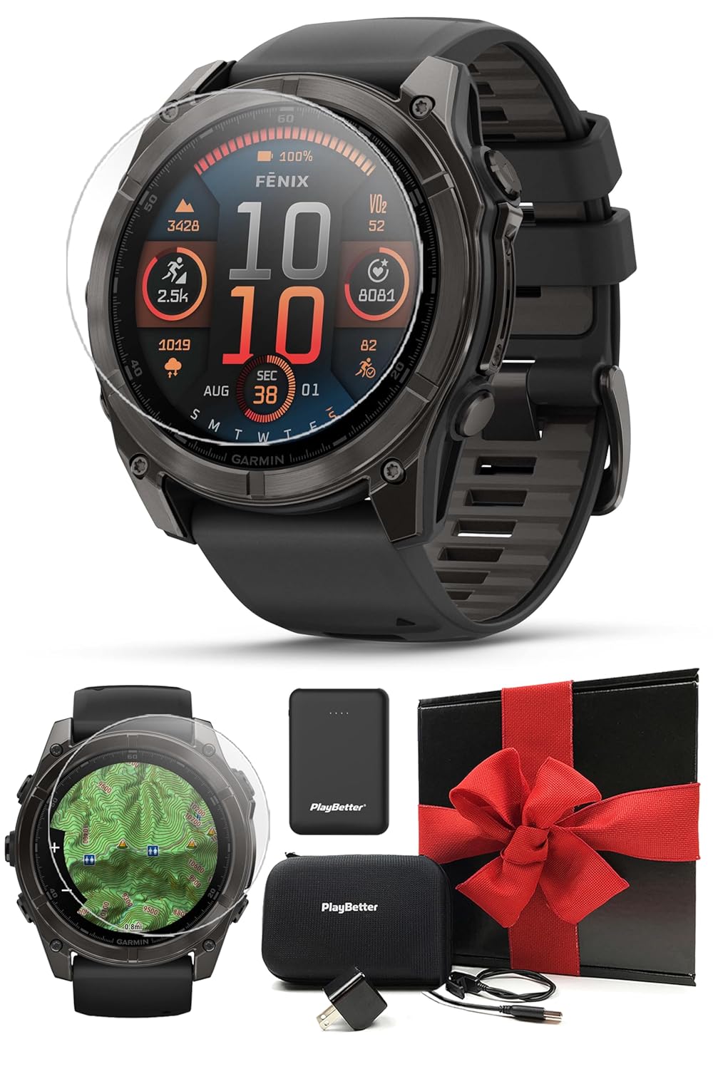 PlayBetter Garmin Fenix 8 AMOLED Sapphire (51mm, Carbon Gray DLC Titanium) Multisport GPS Smartwatch Gift Box Bundle – 1.4″ Touchscreen, LED Flashlight Charger, Screens,…