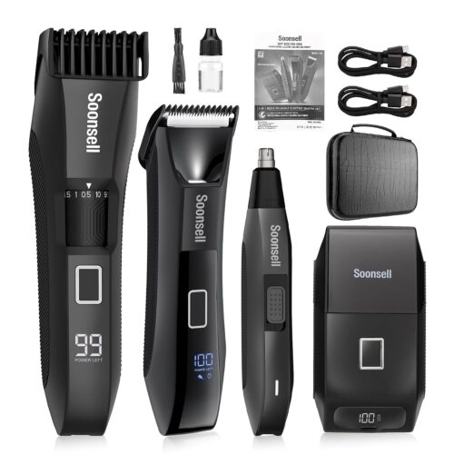 Soonsell Manscape Beard Trimmer for Men,Ball Shaver,Nose Hair Clippers,Electric Razor,Hair Clippers for Men,4 IN1 Men's Grooming Kit,LED Display,Waterproof,Wet/Dry Trimmer