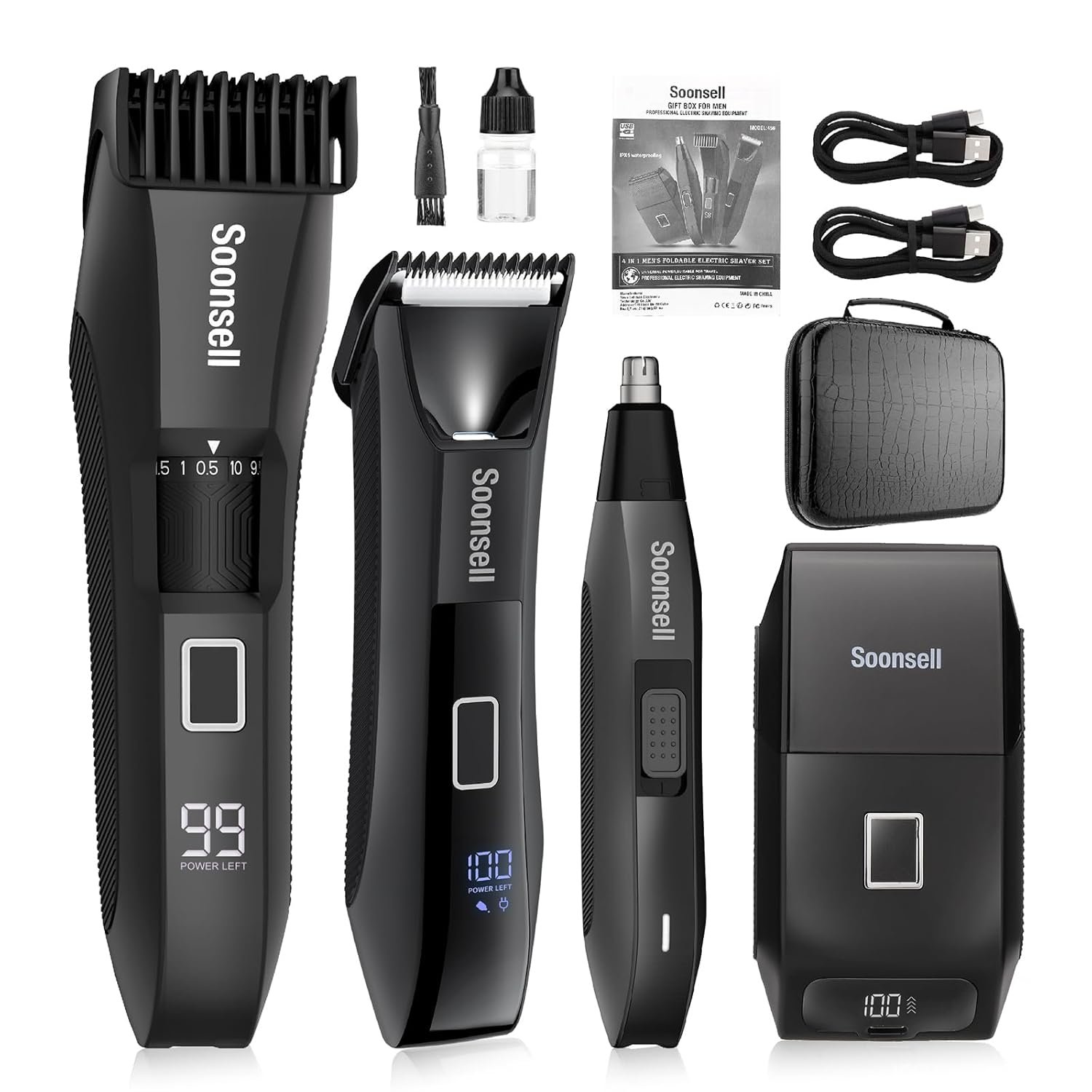 Soonsell Manscape Beard Trimmer for Men,Ball Shaver,Nose Hair Clippers,Electric Razor,Hair Clippers for Men,4 IN1 Men’s Grooming Kit,LED Display,Waterproof,Wet/Dry Trimmer