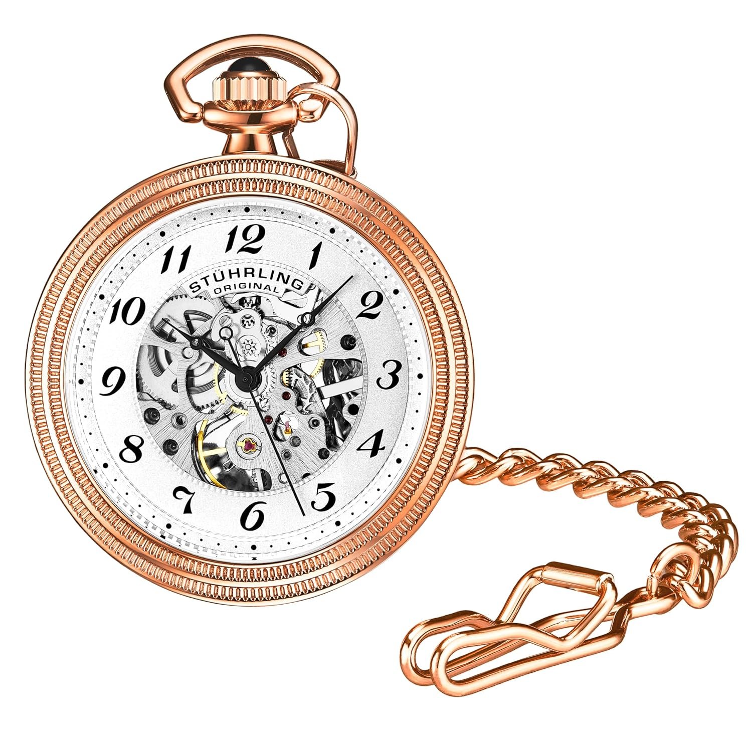 Stuhrling Original Men’s Pocket Watch Stainless Steel Analog Skeleton Watch Hand Wind Mechanical Movement Stainless Steel Chain