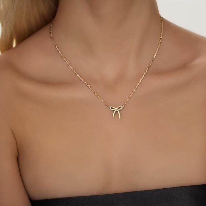 Stylish Bow Necklace – Gold Plated Dainty Necklace, Trendy Bow Pendant Choker Chain Necklace, Ideal Jewelry Gift!