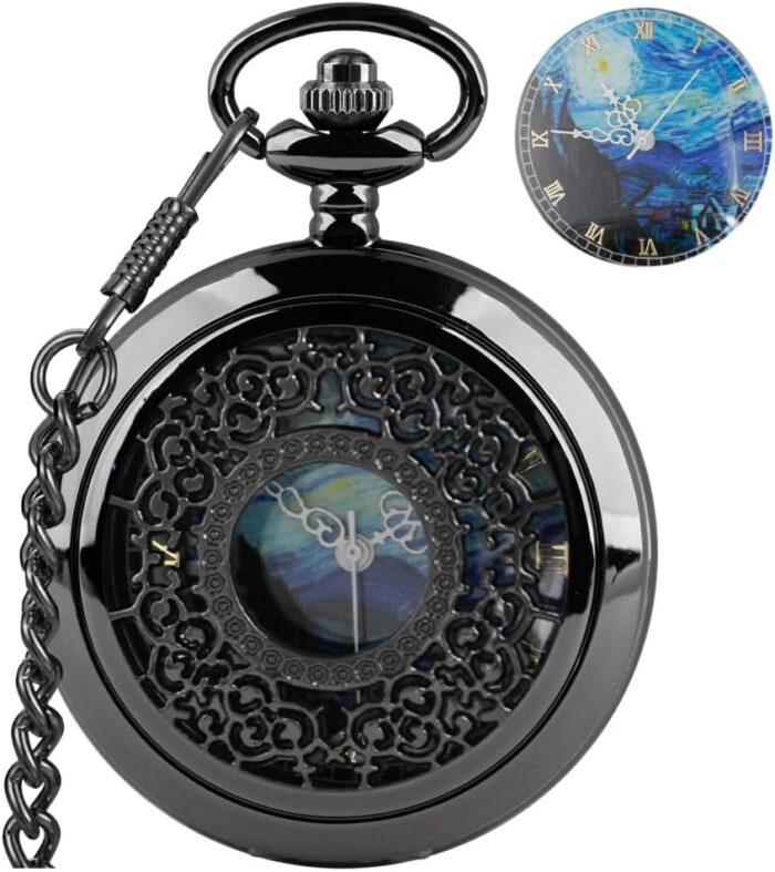 Tiong Pocket Watch Hollow Blue Star Design Roman Numerals Quartz with Chain Christmas Birthday Gifts