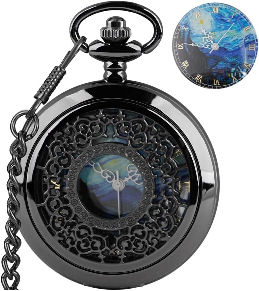 Tiong Pocket Watch Hollow Blue Star Design Roman Numerals Quartz with Chain Christmas Birthday Gifts